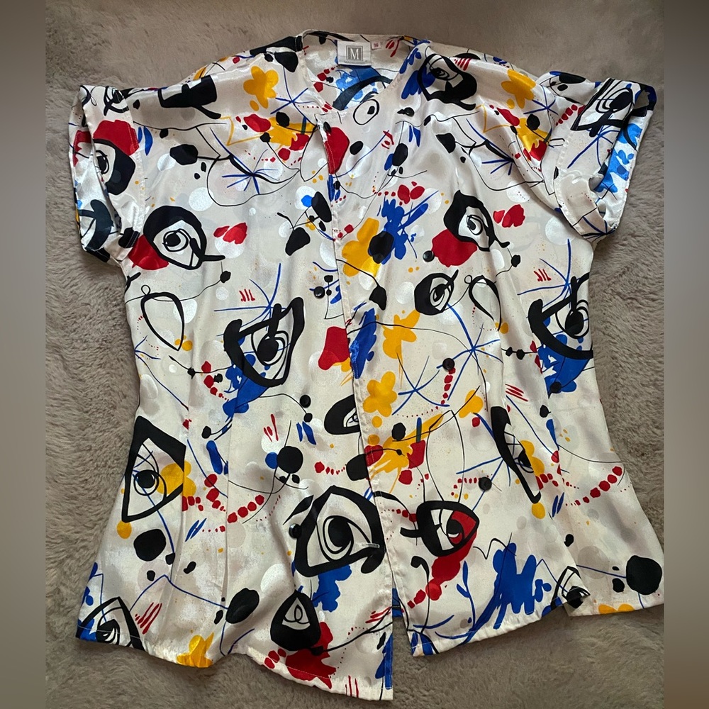 Vintage Madeline Short Sleeve Abstract Button Down Blouse Top Shirt Womens Sz 8